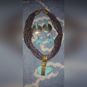 Native American turquoise necklace and earrings, sterling silver earrings set